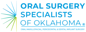 Oral Surgery Specialists of Oklahoma logo, featuring a colorful fan burst of lines on the left next to stacked blue text reading ORAL SURGERY SPECIALISTS OF OKLAHOMA and subtext reading ORAL MAXILLOFACIAL, PERIODONTAL & DENTAL IMPLANT SURGERY.