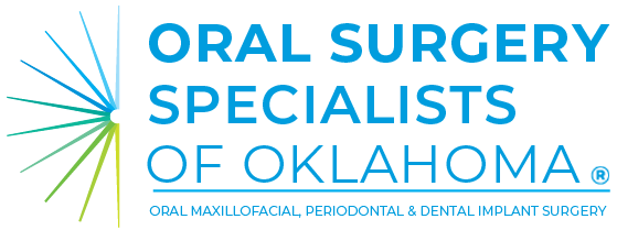 Oral Surgery Specialists of Oklahoma logo, featuring a colorful fan burst of lines on the left next to stacked blue text reading ORAL SURGERY SPECIALISTS OF OKLAHOMA and subtext reading ORAL MAXILLOFACIAL, PERIODONTAL & DENTAL IMPLANT SURGERY.