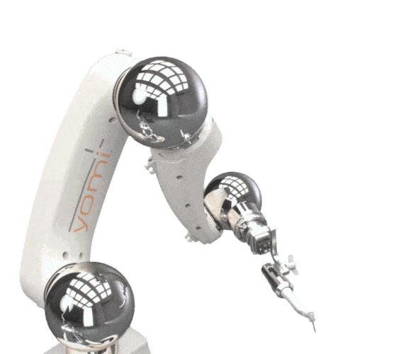 A robotic arm from the Yomi dental surgical system, featuring white segmented limbs, chrome spherical joints, and a specialized surgical guide attached at the end.