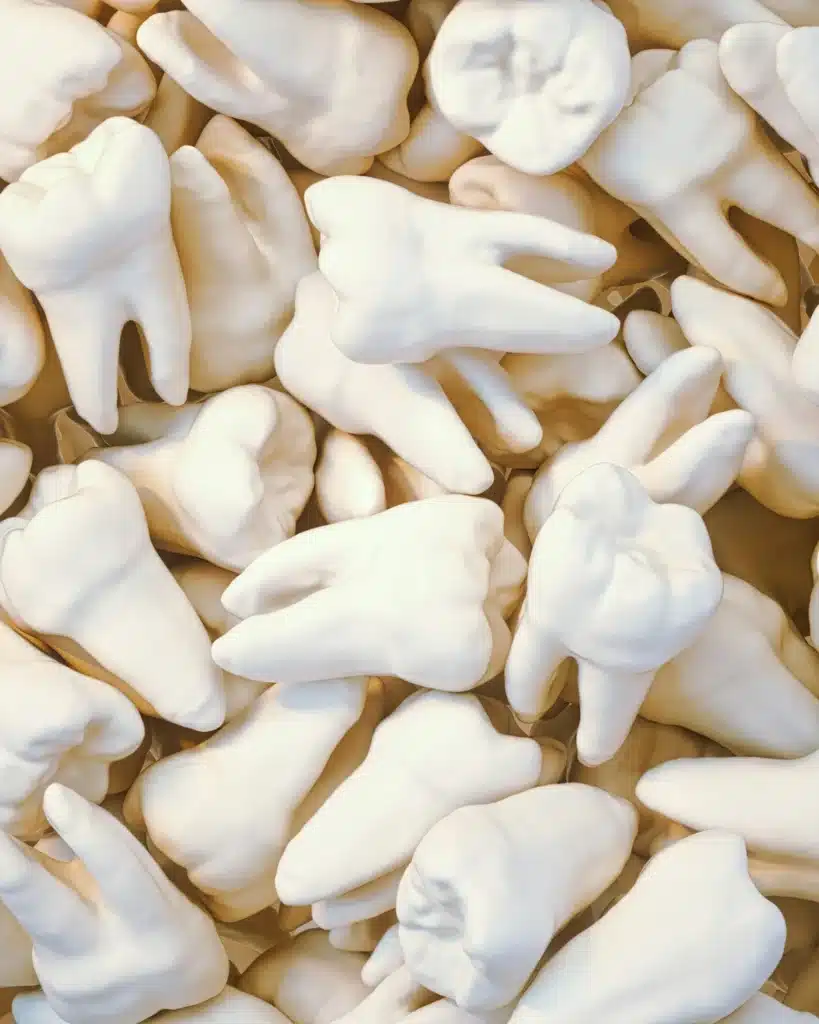 A dense pile of extracted human teeth, showcasing various anatomical features including multi-rooted molars with distinct cusps and roots.