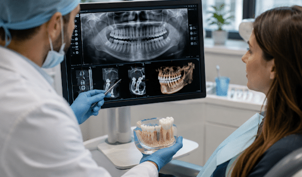 Oral surgeon reviewing 3D jaw scans and dental implant imaging with a patient during a consultation.