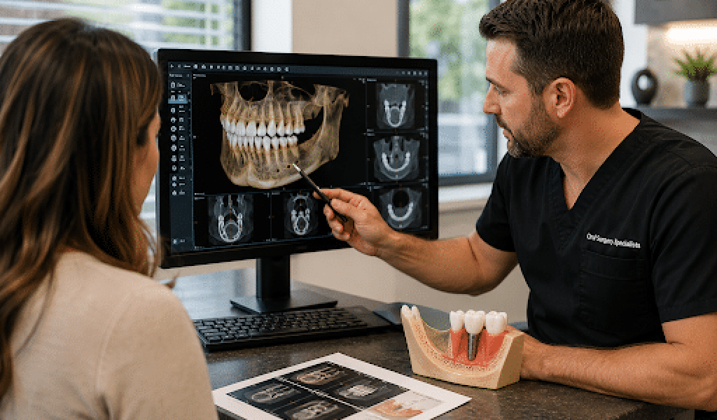 “Oral surgeon discussing bone grafting treatment options with a patient while reviewing 3D jaw imaging and a dental implant model.”