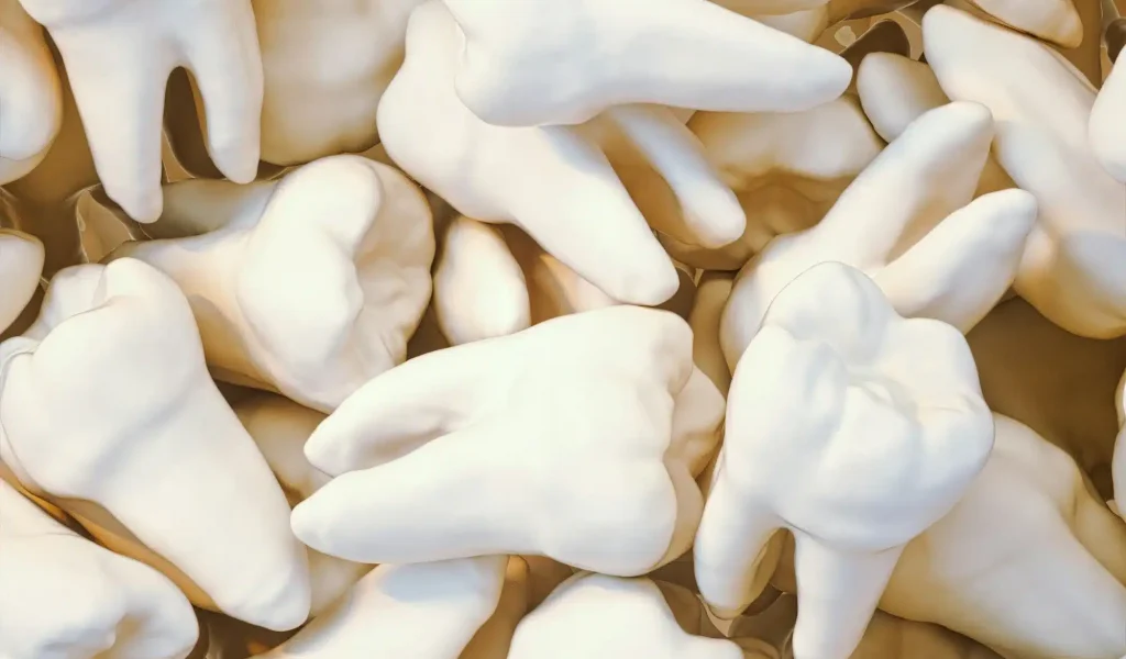 A dense pile of extracted human teeth, showcasing various anatomical features including multi-rooted molars with distinct cusps and roots.